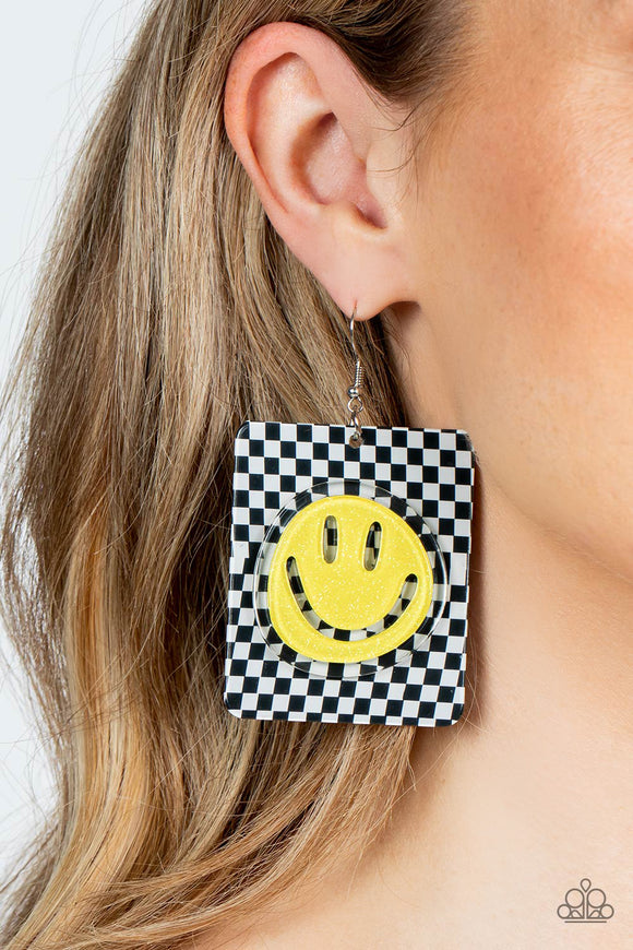 Cheeky Checkerboard - Yellow Paparazzi Earrings