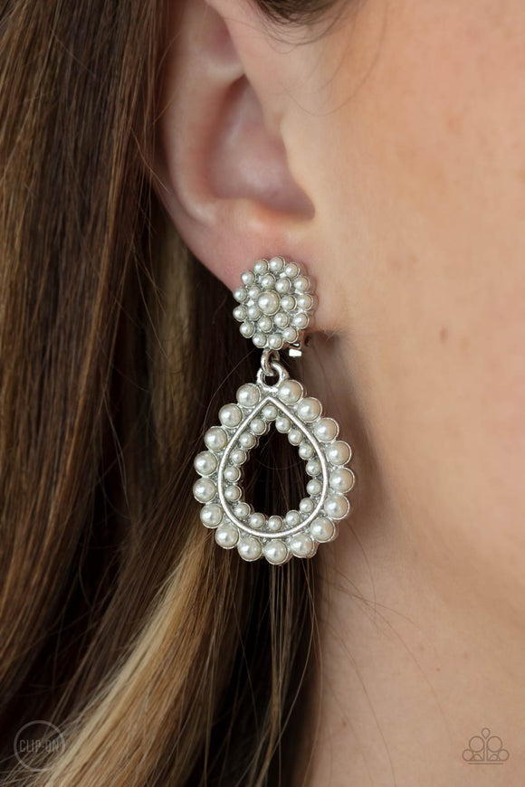 Discerning Droplets - White Clip-on Paparazzi Earrings