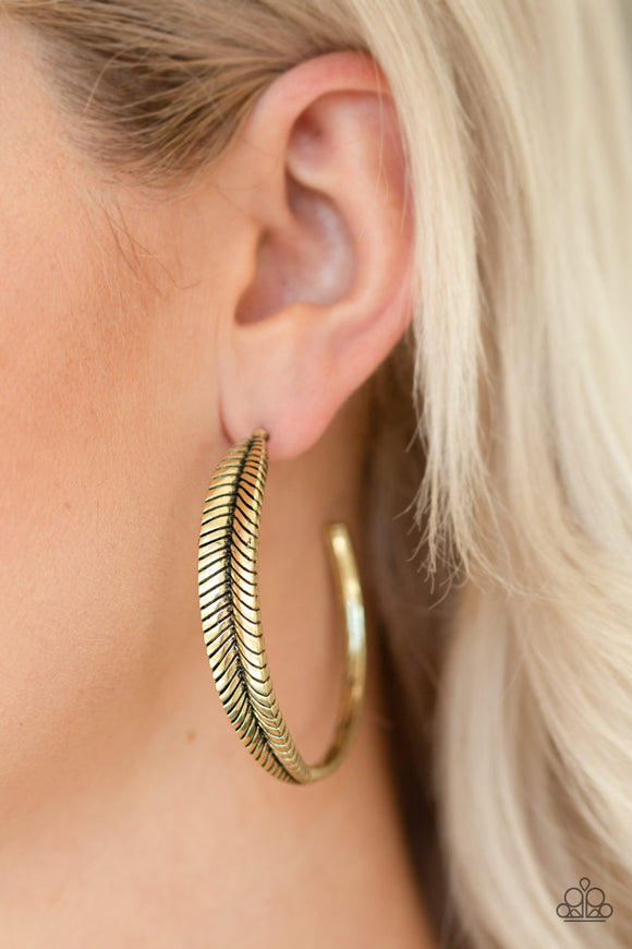 Funky Feathers - Brass Paparazzi Earrings