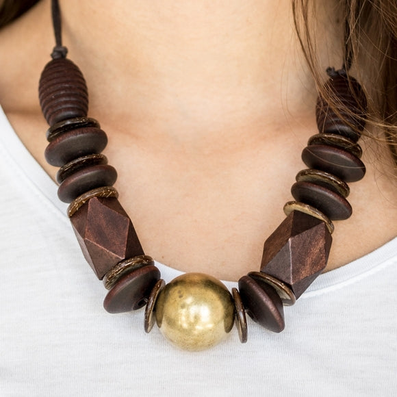 Grand Turks Getaway - Brass Wood Paparazzi Necklace